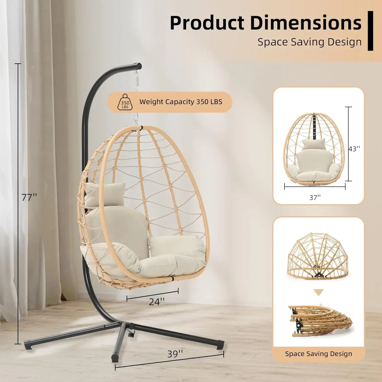 Swing Egg Chair w/Stand, Hanging Chair Nest Basket, UV Resistant, 350LBS Capacity