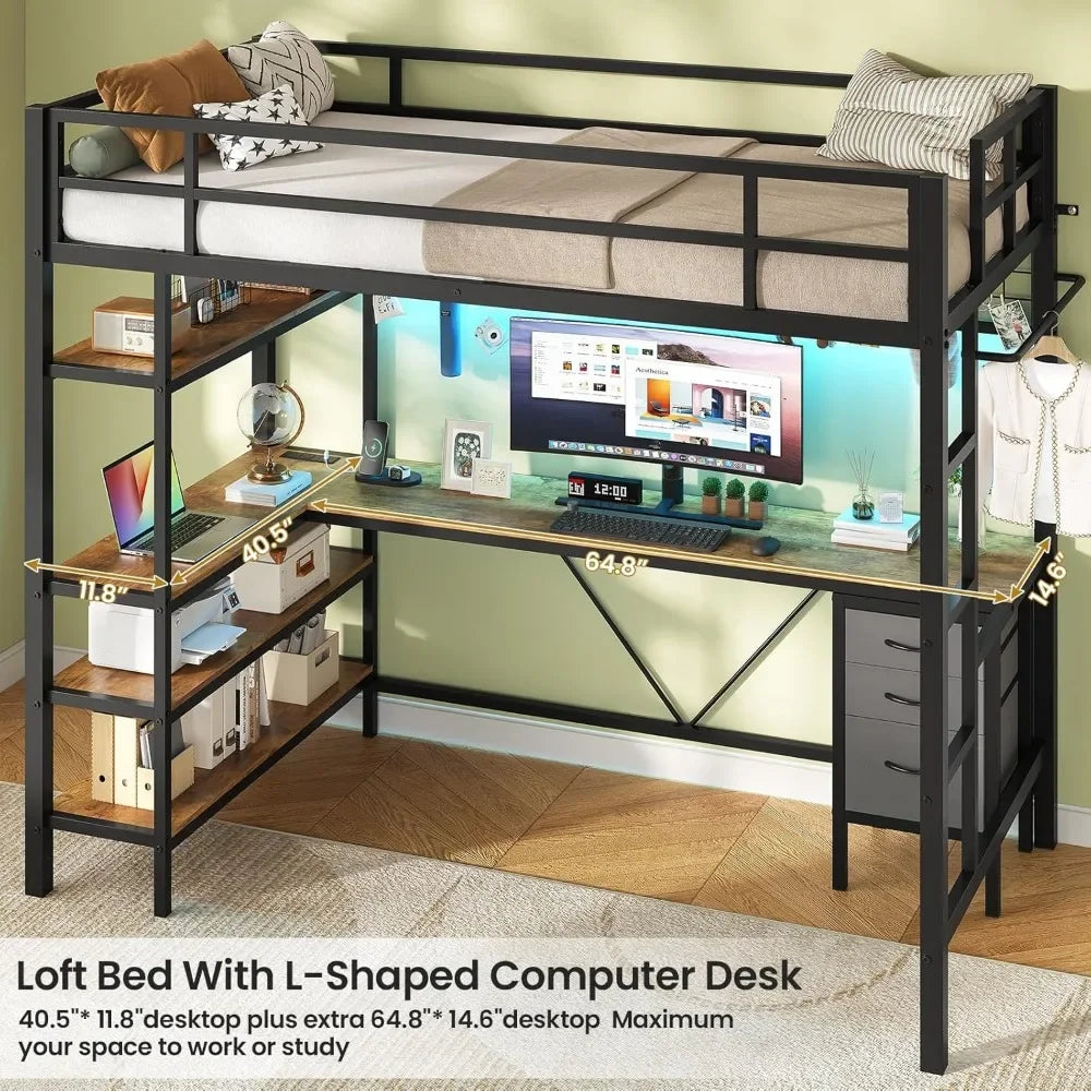 Bunk Beds Loft Bed Twin Size L-Shaped Desk/Charging Station & LED Lights 4-Tier Bookshelf & 3 Drawer