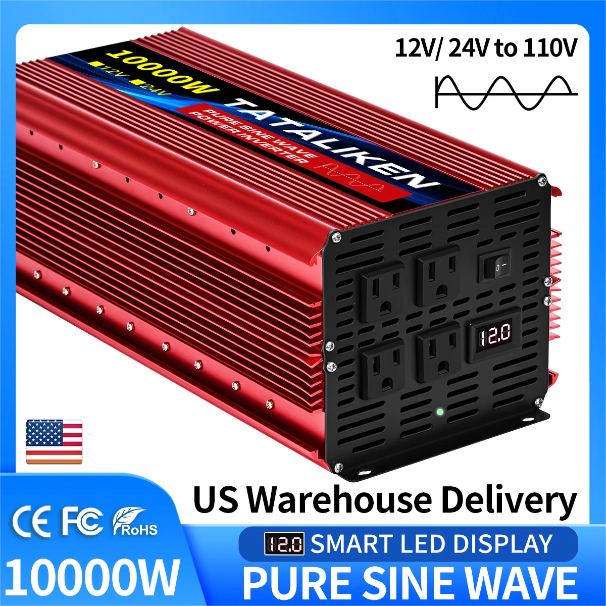 Power Inverter 10000W DC12V to AC110V 60HZ Pure Sine Wave Inverter w/LCD Display Remote 4AC Outlets