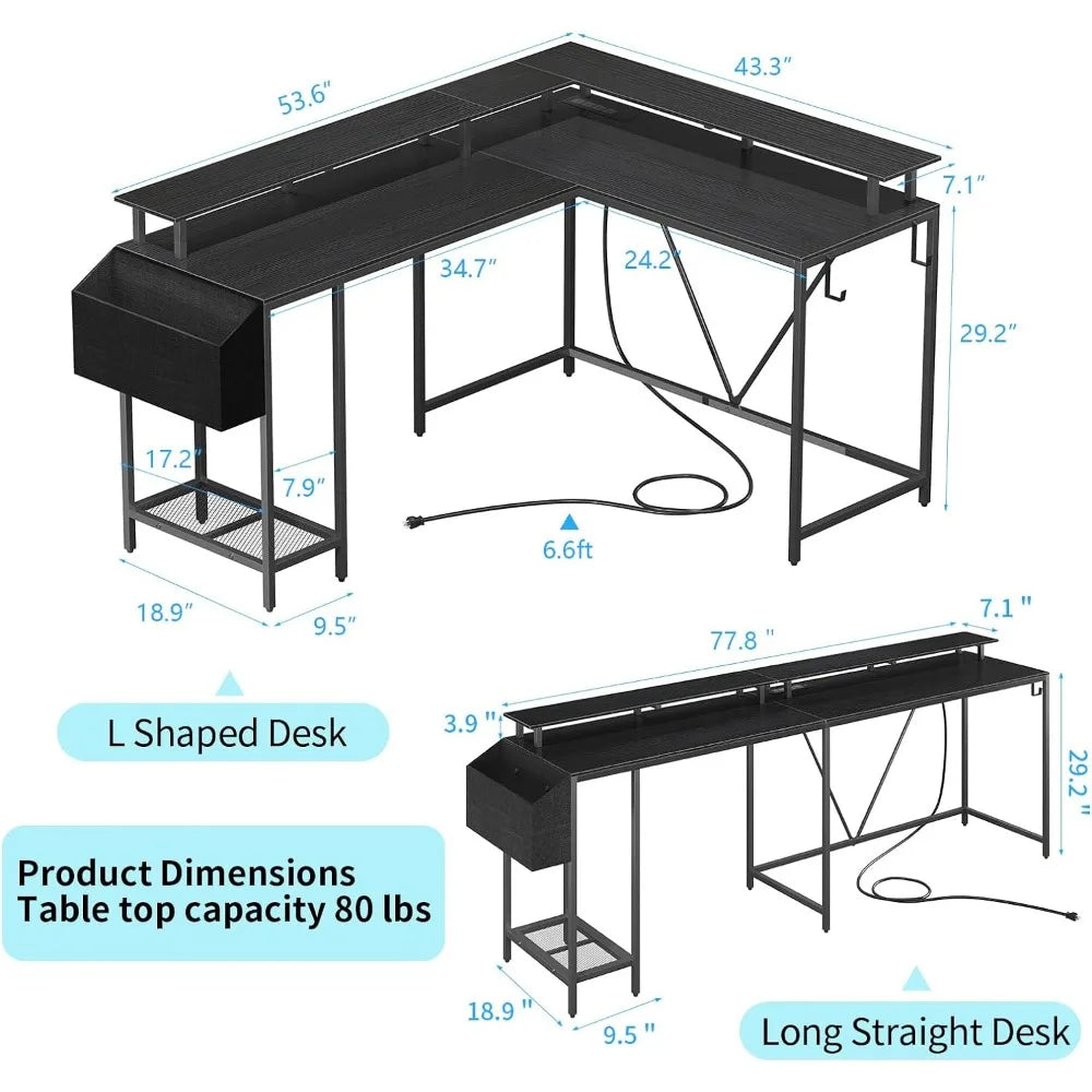 L Shaped Gaming Desk w/Power Outlets & LED Lights, Computer Desk w/Monitor Stand & Shelf