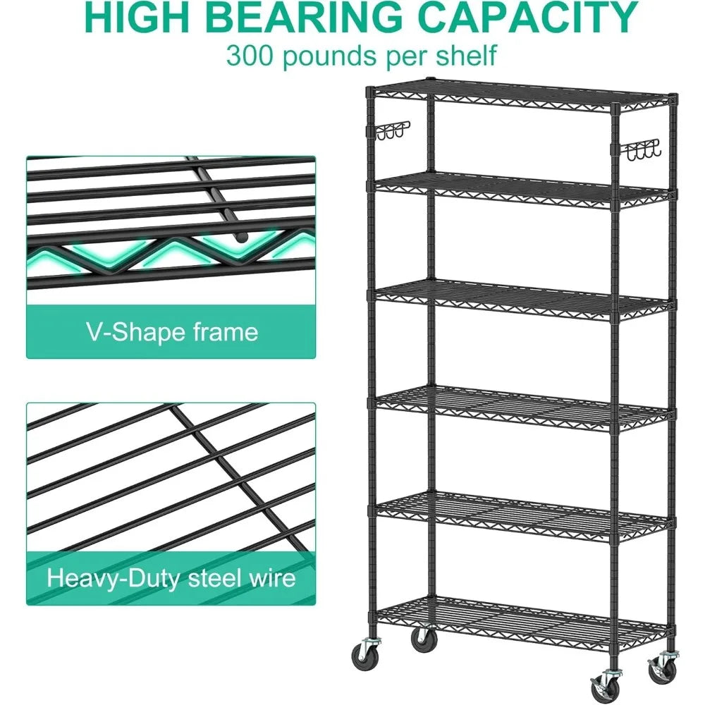 5 Tier Storage Shelves w/Wheels - Metal Shelves for Storage Adjustable Wire Shelving Unit Organizer