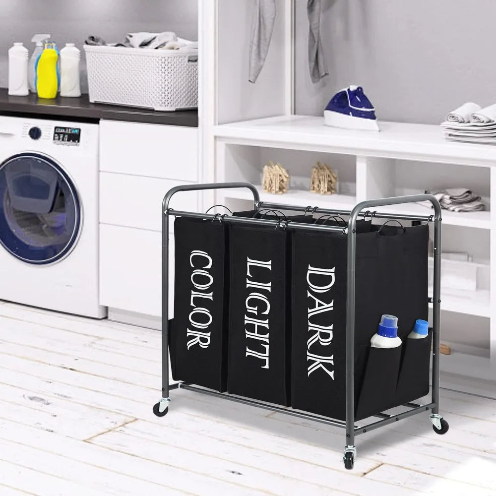 STORAGEMANIAC 3 Section Laundry Sorter, 3 Bag Laundry Hamper Cart w/Heavy Duty Rolling Wheels