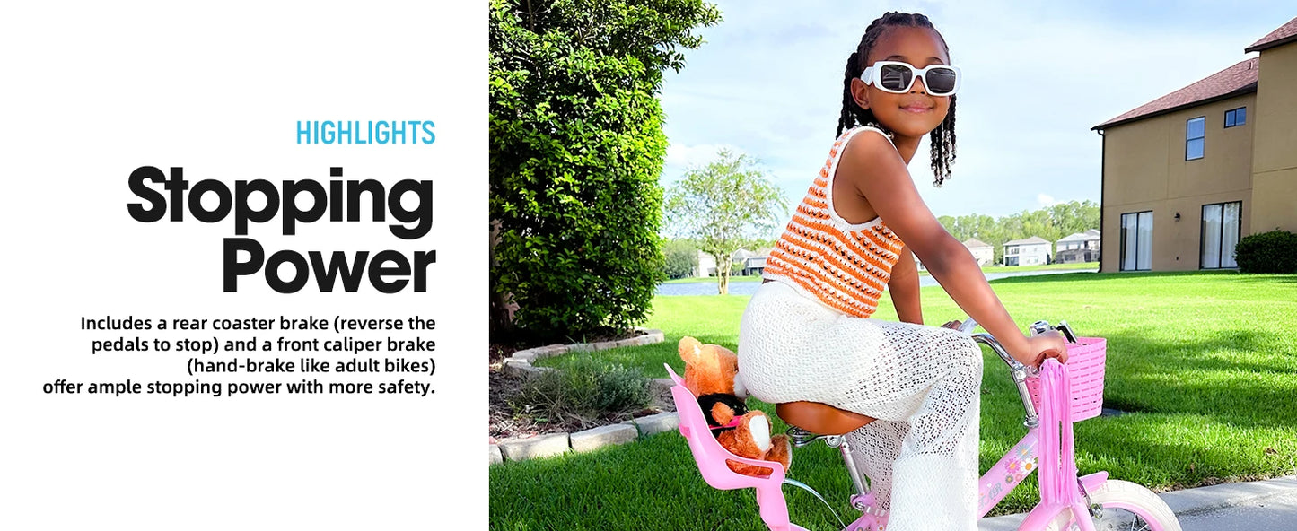 JOYSTAR Kids Bike 2-7 Years, 12 14 16" Girls Bike w/Doll seat, Boys Bike w/ Flag & Plate