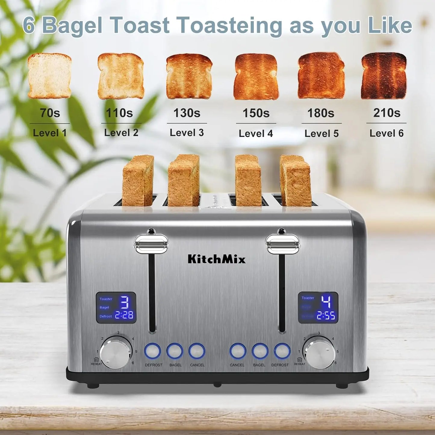 KITCHMIX Toaster 4 Slice, Bagel Stainless LCD Timer, Extra Wide Slots, Dual Screen,Crumb Tray
