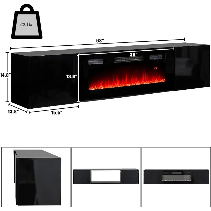 Floating TV Stand w/ 36" Electric Fireplace,High Gloss Finish Wall Mounted Entertainment Center