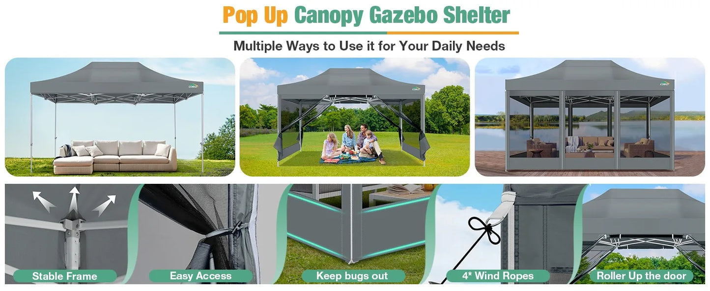 Canopy Tent 10x15 Heavy-Duty, Pop-Up Gazebo with Mosquito Netting, Waterproof Canopy with Sidewalls