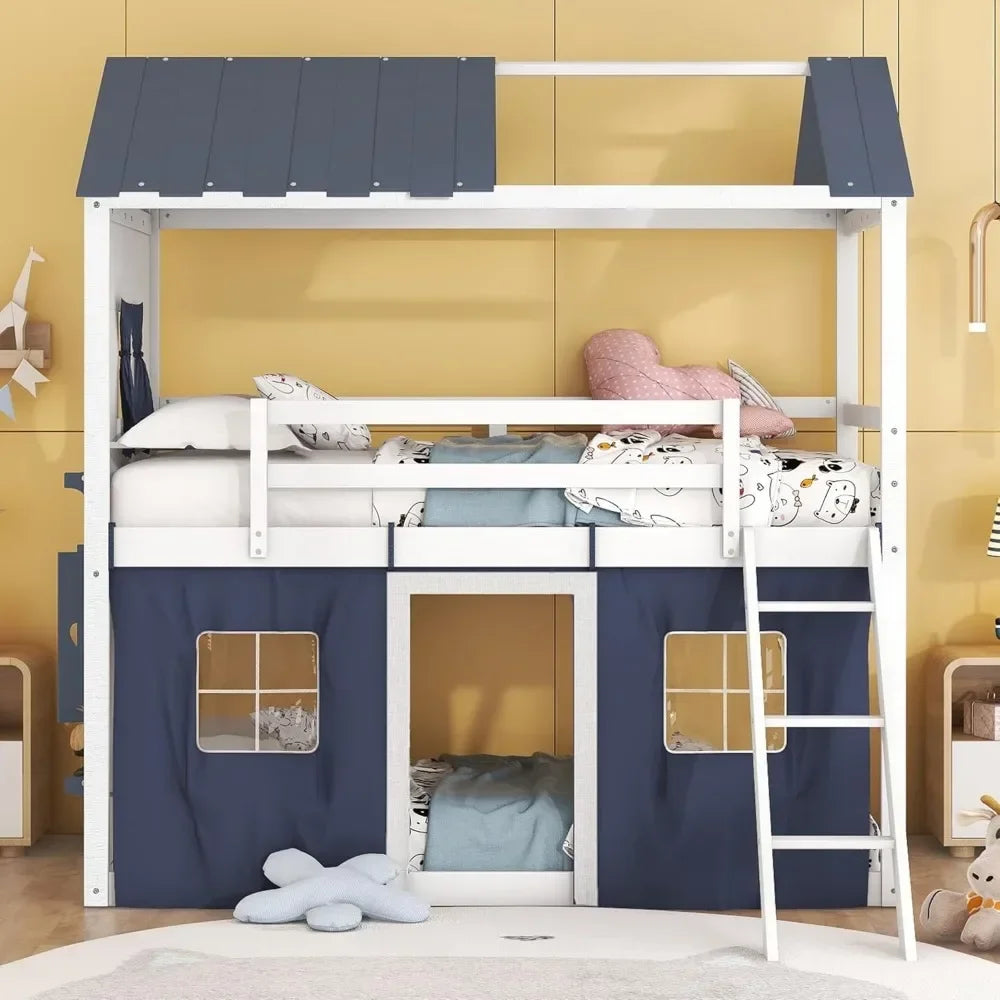 House Twin Loft Bunk Bed with Tent,Kids Twin Loft Bed with Ladders Guardrail  Windows & Roof Wood