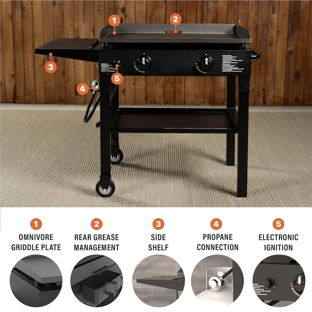 Flat Top BBQ Grills Griddle 2 Burner Propane Fuelled Rear Grease Management System