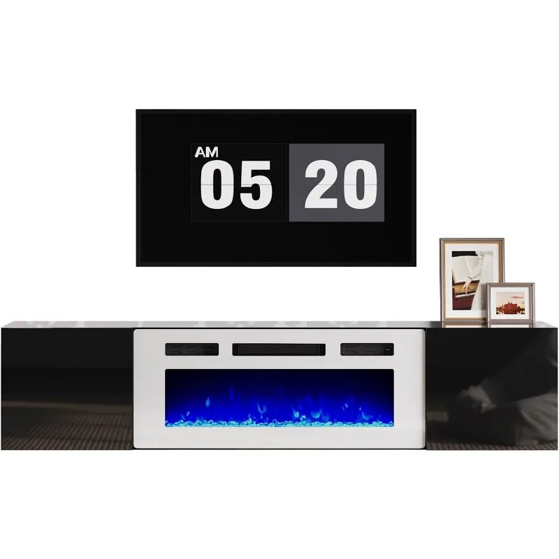 Floating TV Stand w/ 36" Electric Fireplace,High Gloss Finish Wall Mounted Entertainment Center