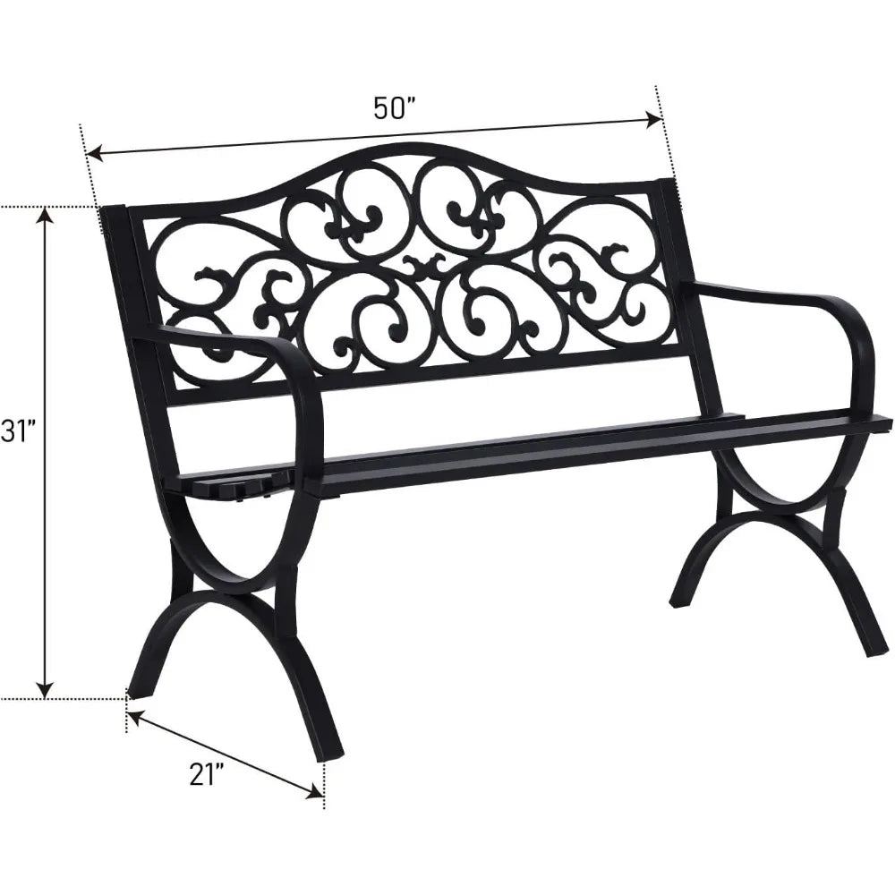 50 Inches Outdoor Garden Bench,Cast Iron Metal Frame Patio Park Bench/Floral Pattern Backrest