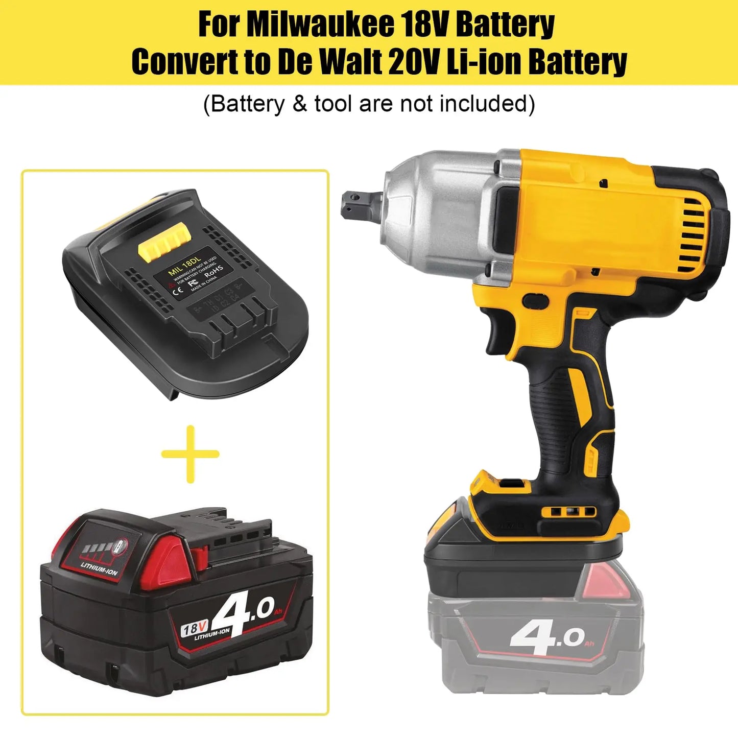 MIL18DL Battery Adapter Milwaukee to Dewalt Battery Adapter, Milwaukee M18 Battery to Dewalt 20V