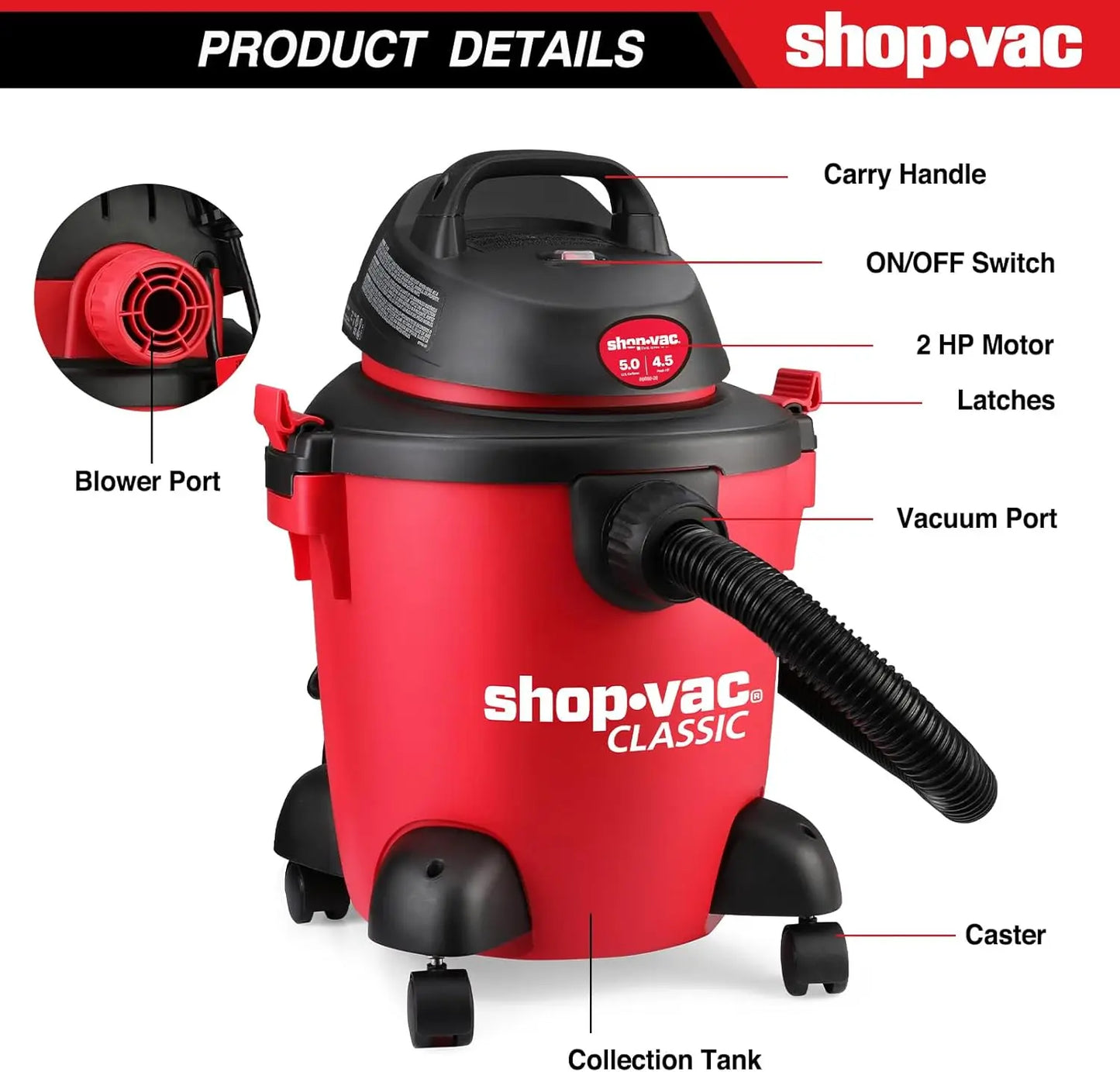 Shop-Vac 5 Gallon 4.5 Peak HP Wet/Dry Vacuum, Portable Heavy-Duty Shop Vacuum 3 in 1 Function