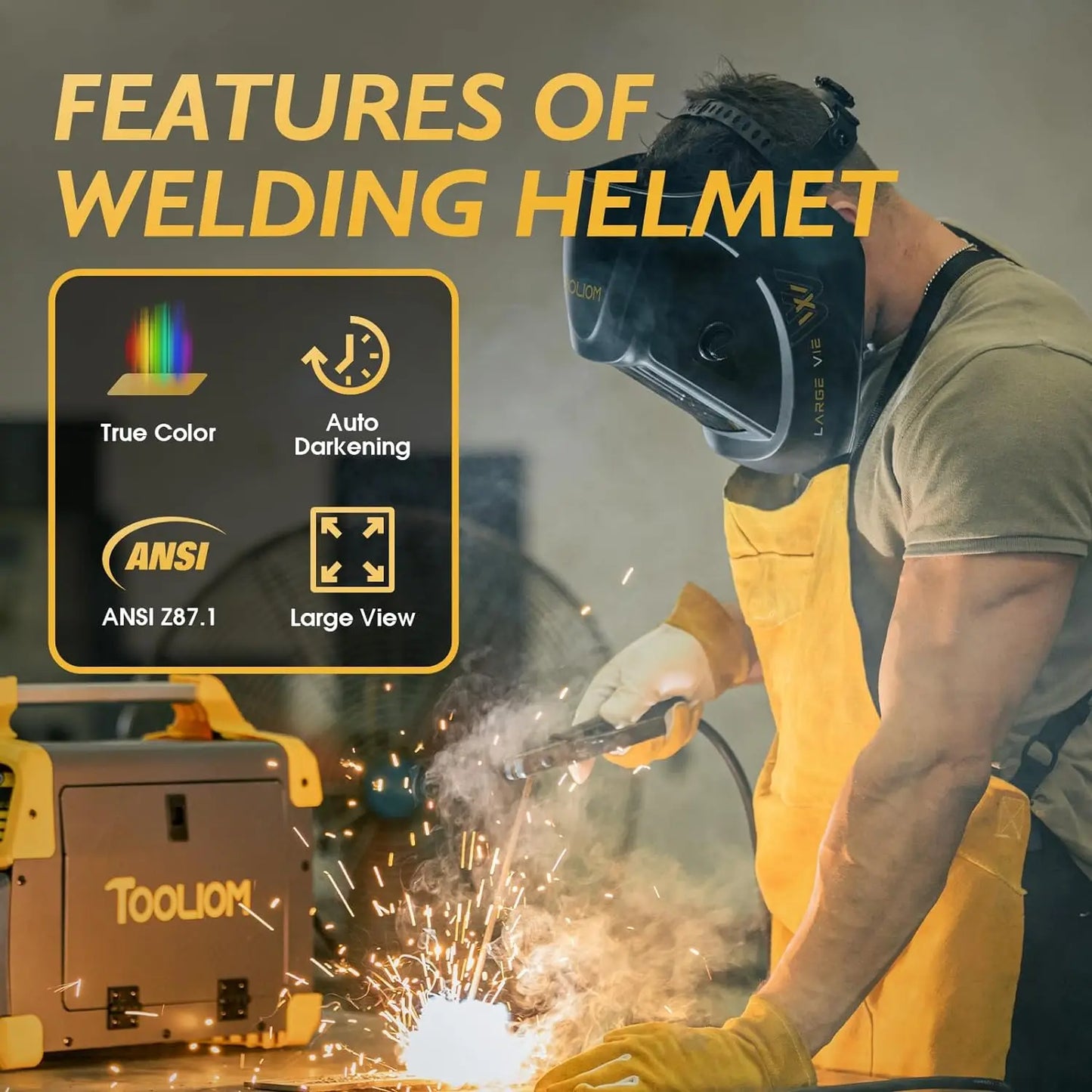 TOOLIOM Welding Helmet True Color Auto Darkening 1/1/1/1 Large Viewing 3.94"x 3.27" w/Weld/Grind/Cut