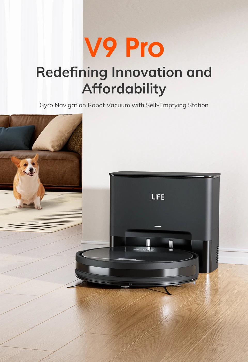 ILIFE V9/V9Pro Robot Vacuum, Self-Emptying, 3000Pa, Gyro Navigation, Schedule, App/Alexa Control