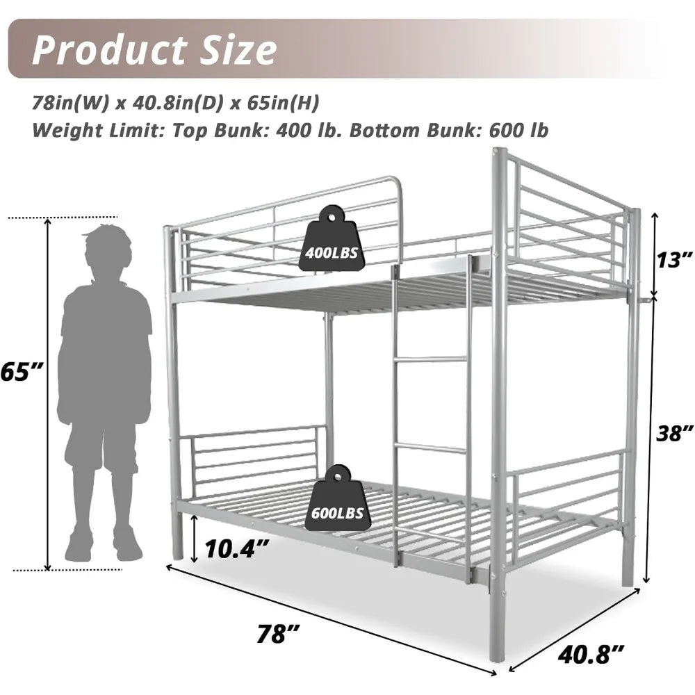 White Bunk Bed Twin Over Twin with 2 Storage Drawers, Metal Bunk Bed with Built-in Ladder