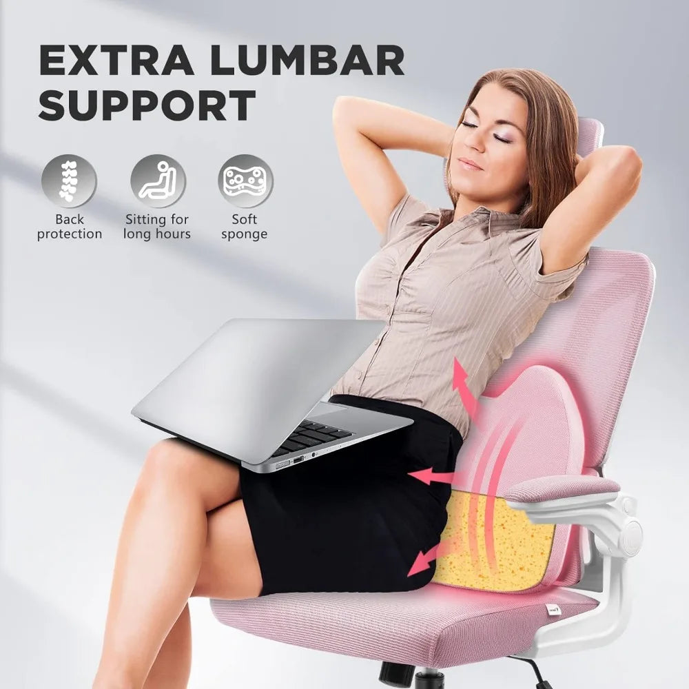 Rocking Office Desk Chair Pink Ergonomic Office Chair W/ Lumbar Support Pillow