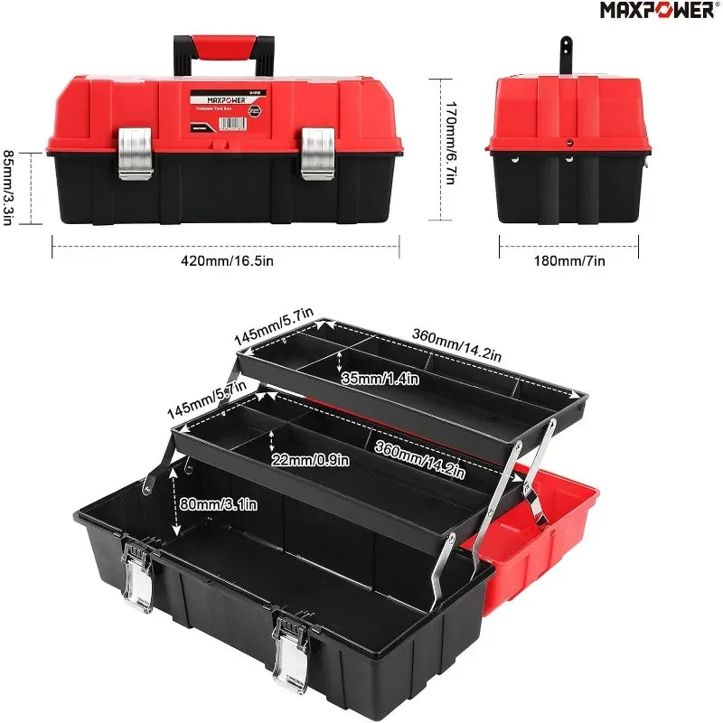 17-Inch Tool Box, Three-Layer Plastic Storage Toolbox, Multi-Function Organizer w/ Tray and Dividers