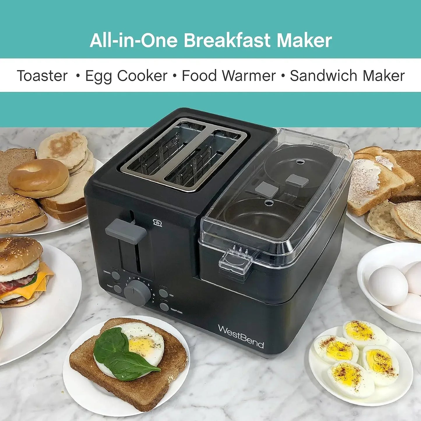 NEW 78500 Breakfast Station, 2-Slice Toaster w/Warming Tray and Egg Cooker/Poacher, Black