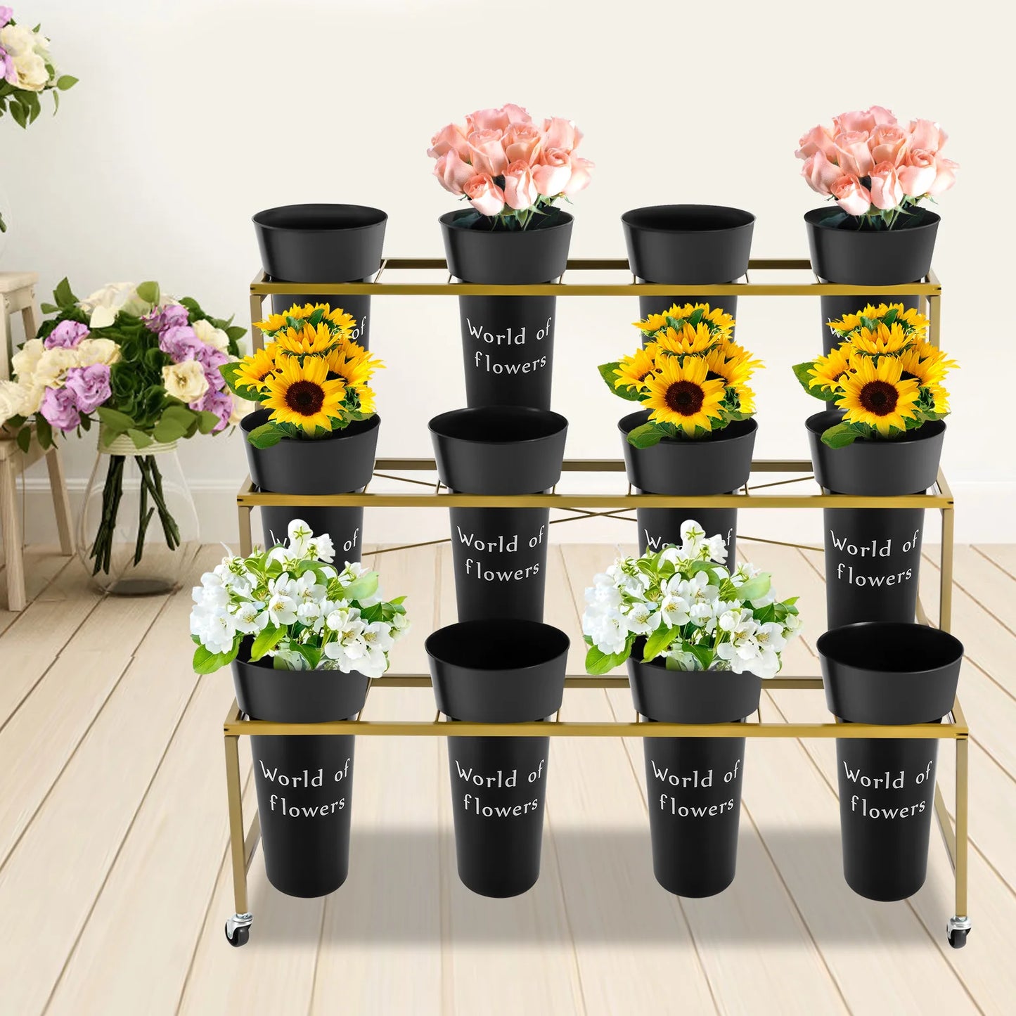3 Layers Flower Display Stand with 12PCS Black Buckets,Metal Moving Plant Stand w/Wheels Display
