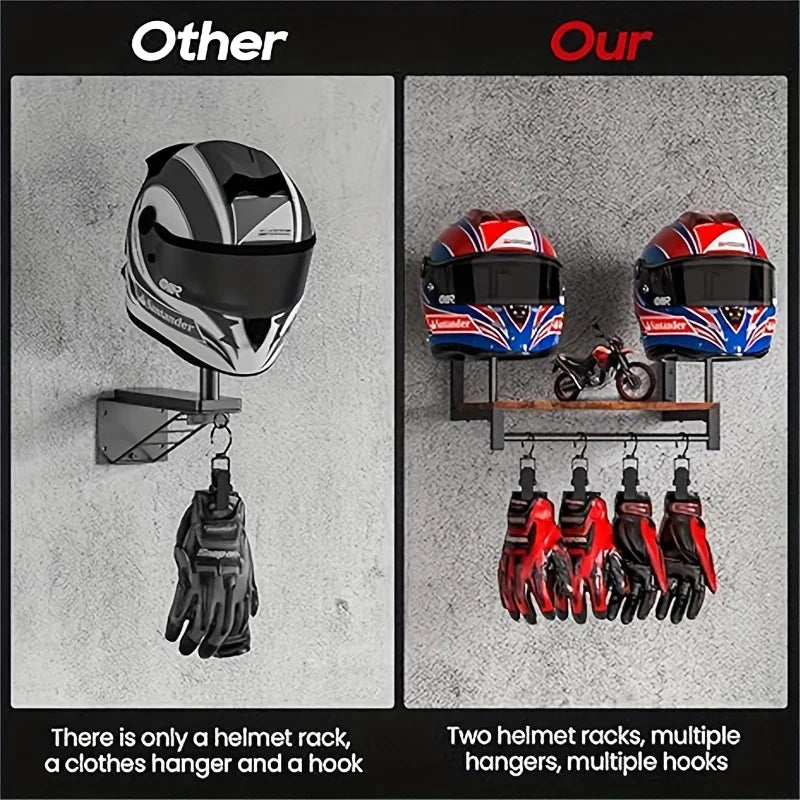 Motorcycle Helmet Wall Mount With Wooden Shelf Hooks Motocross And Bicycle Equipment Sports Brackets