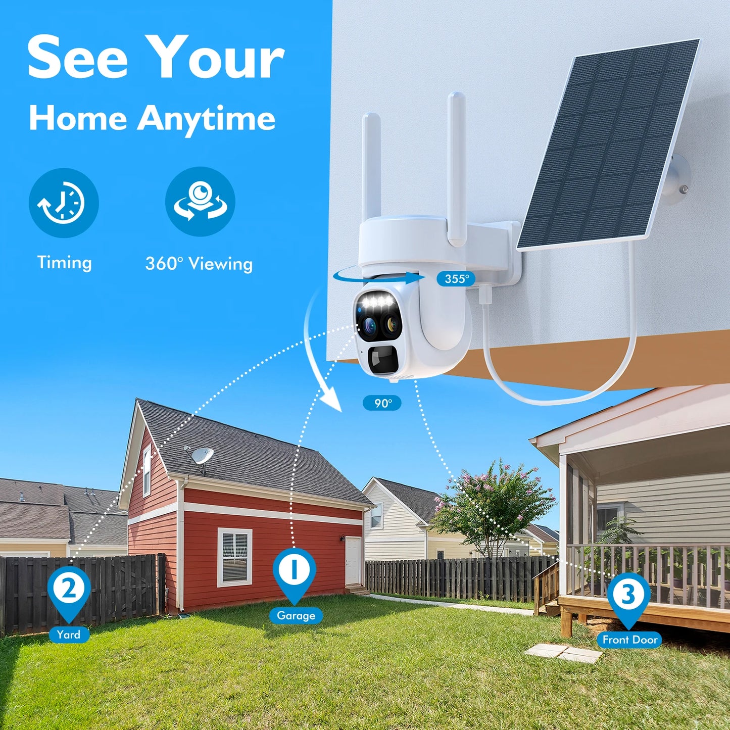 360-degree low power solar panel battery 5MP 2K FHD[10x zoom]2.4G WiFi with spotlight alarm, PTZ motion detection,CCTV