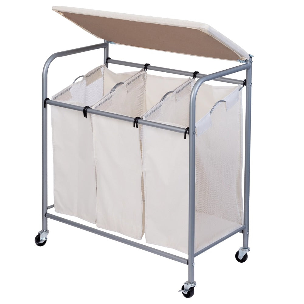 Honey-Can-Do 3 Bag Steel Rolling Laundry Sorter with Ironing Board Top, Silver/Natural