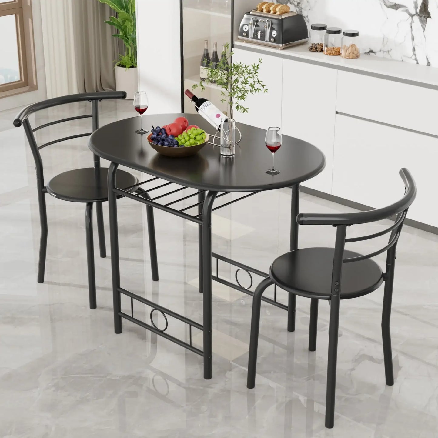 Vineego 3-Piece Small Kitchen Dining Set for 2 Black Wooden Table/Chairs Space Saving Breakfast Set