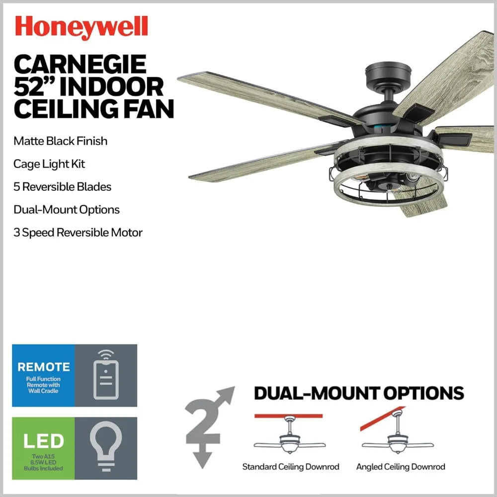 Honeywell-Ceiling Fan Carnegie, 52", Industrial Style, Indoor LED Light, Remote Control, Matte Black