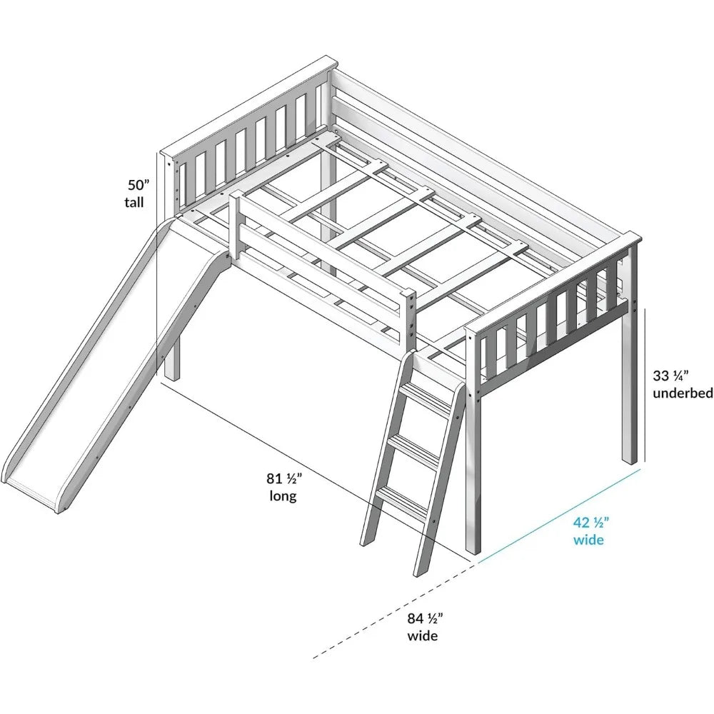 Low Loft Bed,Twin Bed Frame For Kids With Slide and Curtains For Bottom