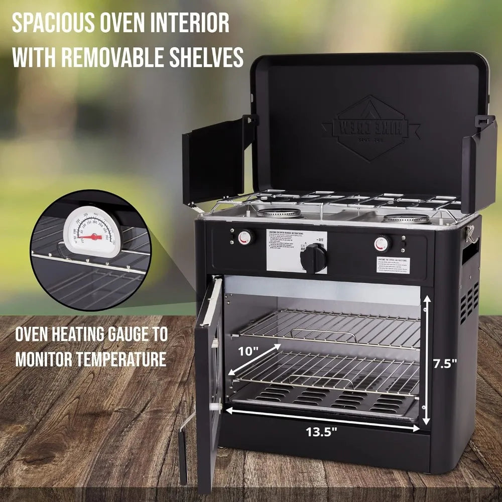 Oven & 2-Burner, Carry Bag & Auto Ignition, Built-In Thermometer Hose Regulator, Propane