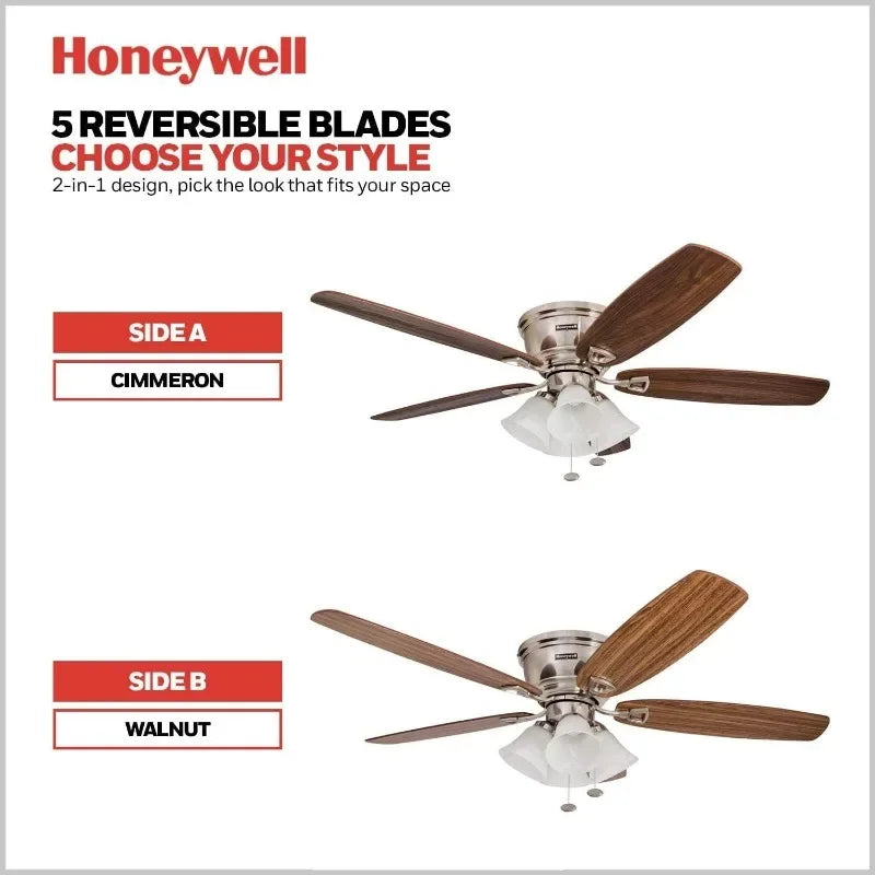 Honeywell Ceiling Fans Glen Alden, 52 Inch Classic Flush Mount Indoor LED Ceiling Fan w/Light