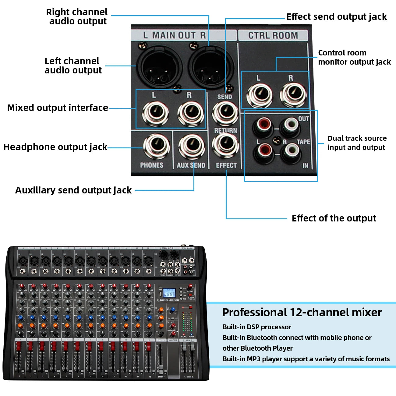 Audio Mixer 6/8/12 Channels Professional DJ mixer LR microphone/line input, AUX,FX processor MP3