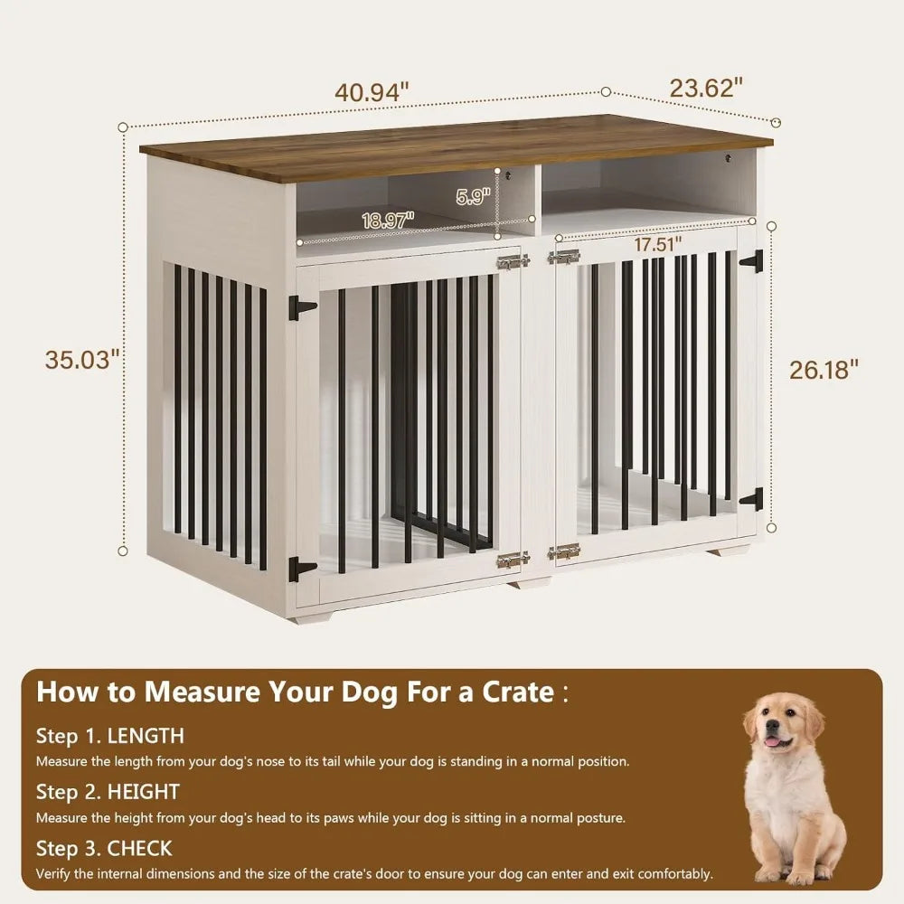 Double Dog Wooden Crate with Removable Partition and Storage Shelf, 41 Inch Kennel for Small Dogs