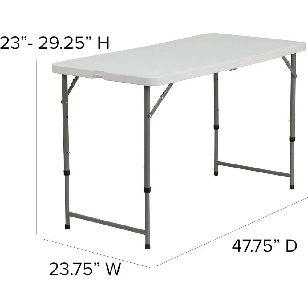 4' Rectangular Plastic Folding Table w/Adjustable Legs and Carrying Handle, Bi-Fold Portable Table