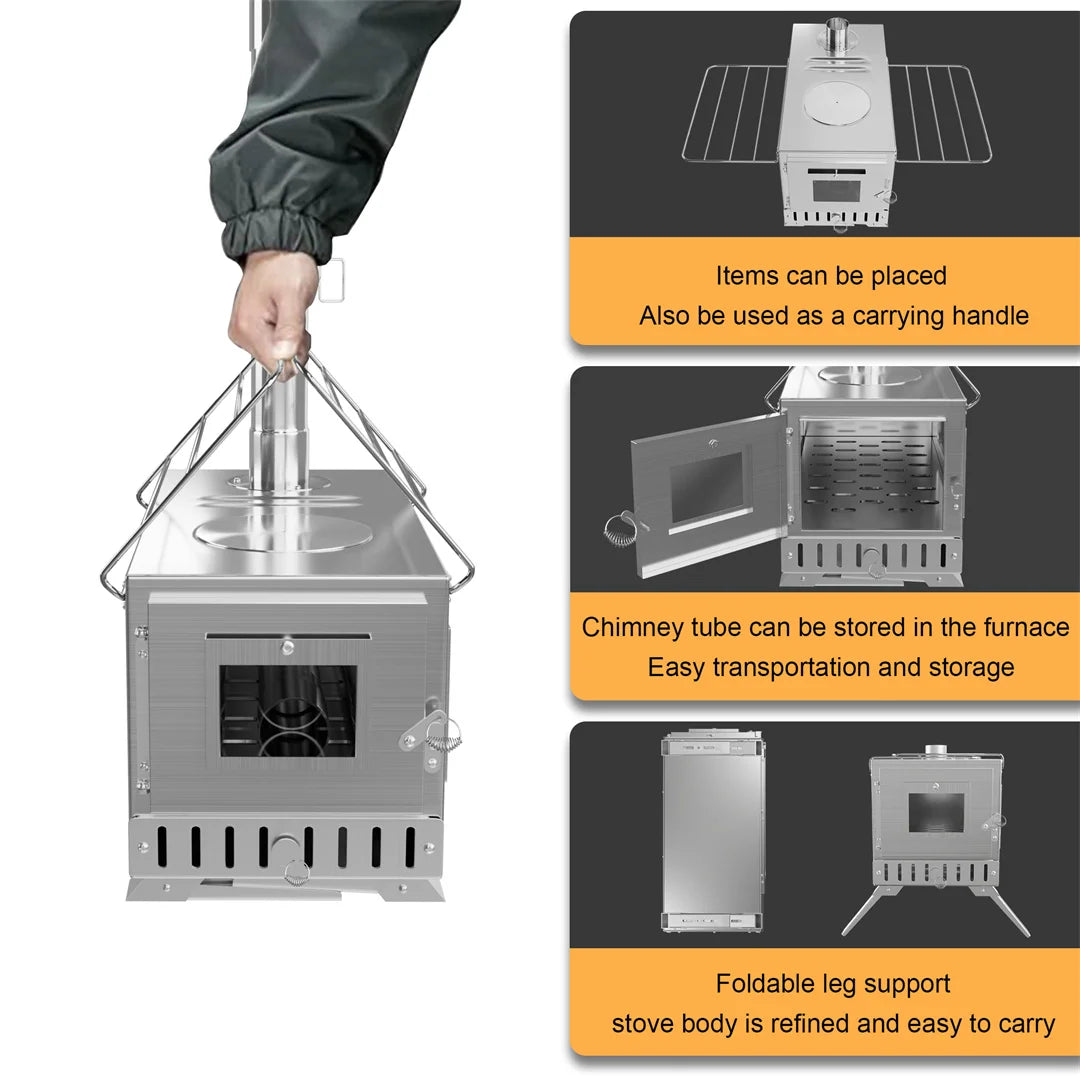 Hot Tent Stove, unho Wood Burning Stove, Portable Wood Stove with 6 Stainless Chimney Pipes