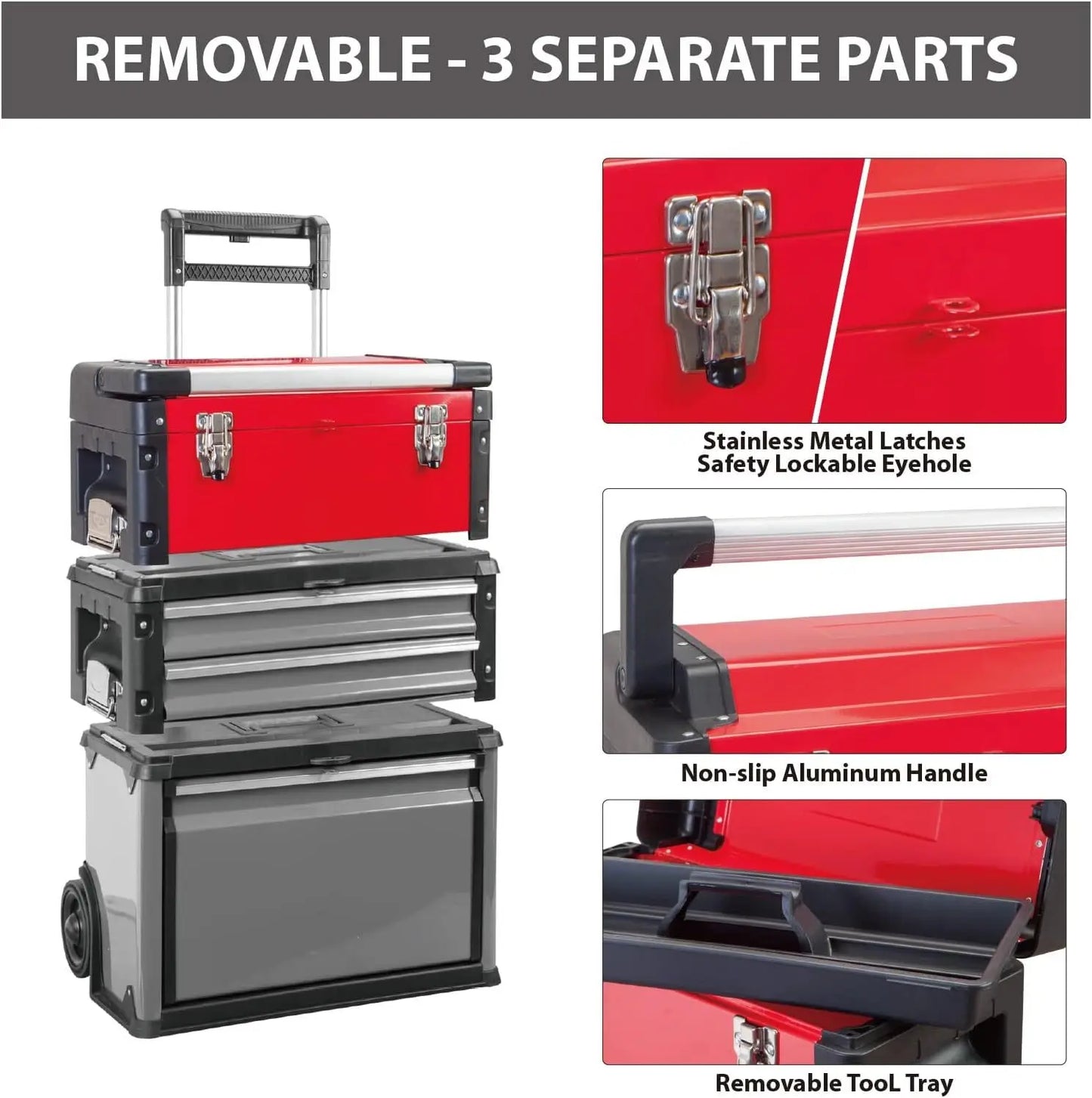 BIG RED Stackable Portable Metal Tool box Organizer w/Wheels and 2 Drawers, Rolling Tool Chest