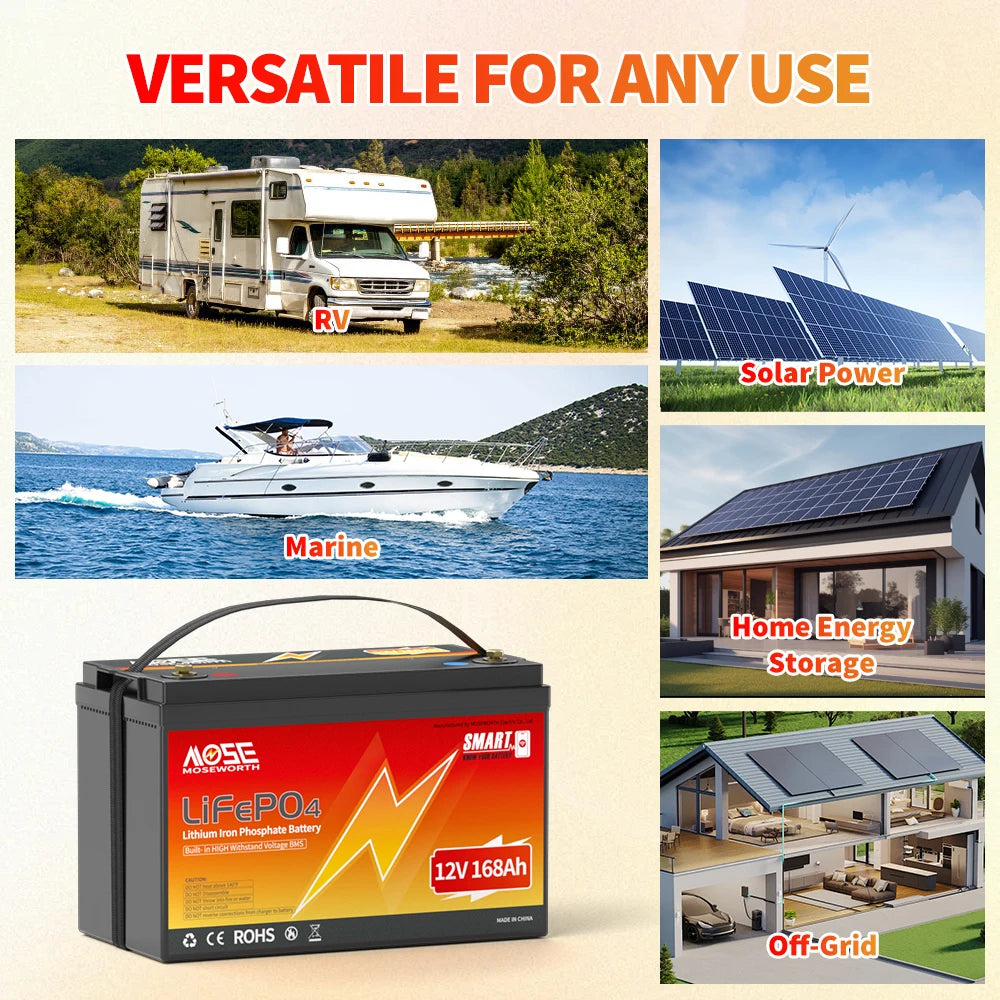12V 24V LiFePO4 Battery w/Bluetooth 100Ah 140Ah 168Ah Lithium Iron Phosphate Battery Rechargeable