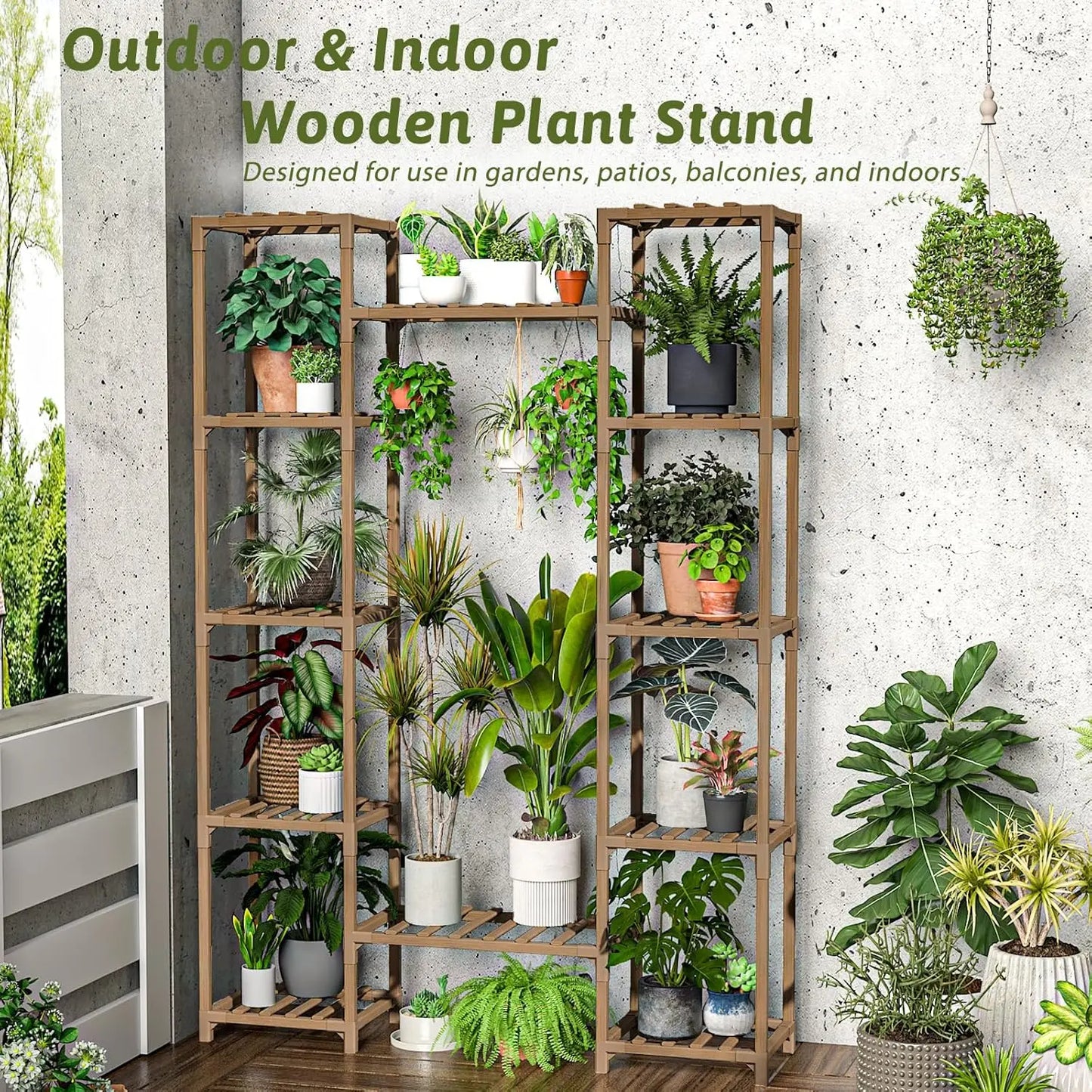 62.2" Tall Wood Plant Stand Indoor Outdoor Tiered Shelf for Multiple Pots Living Room Garden Balcony