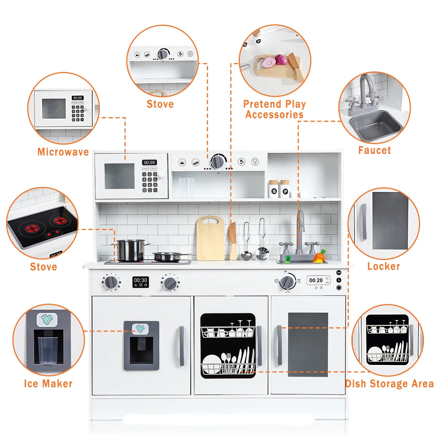 Wooden Play Kitchen Kids Playset Cookware Accessories, Microwave, Oven, Sink, Real Lights & Sounds