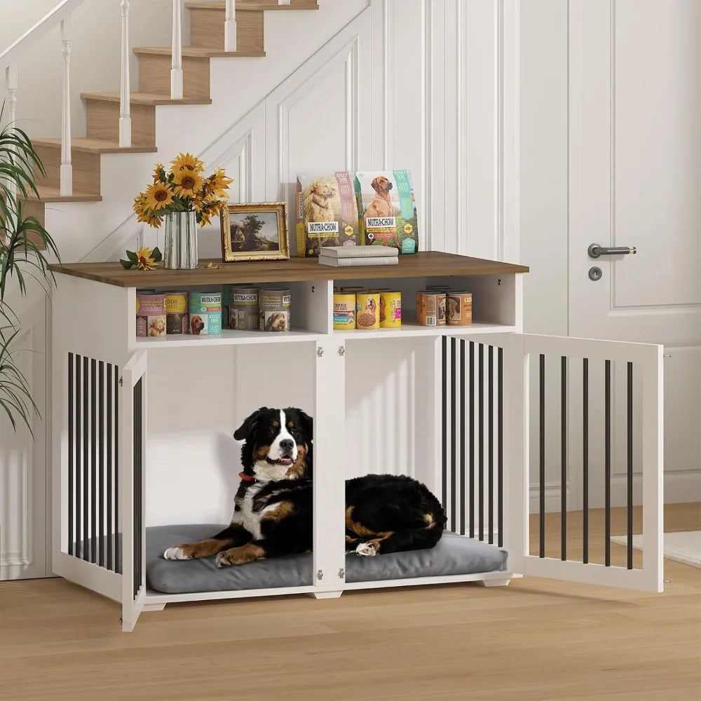 Double Dog Wooden Crate with Removable Partition and Storage Shelf, 41 Inch Kennel for Small Dogs