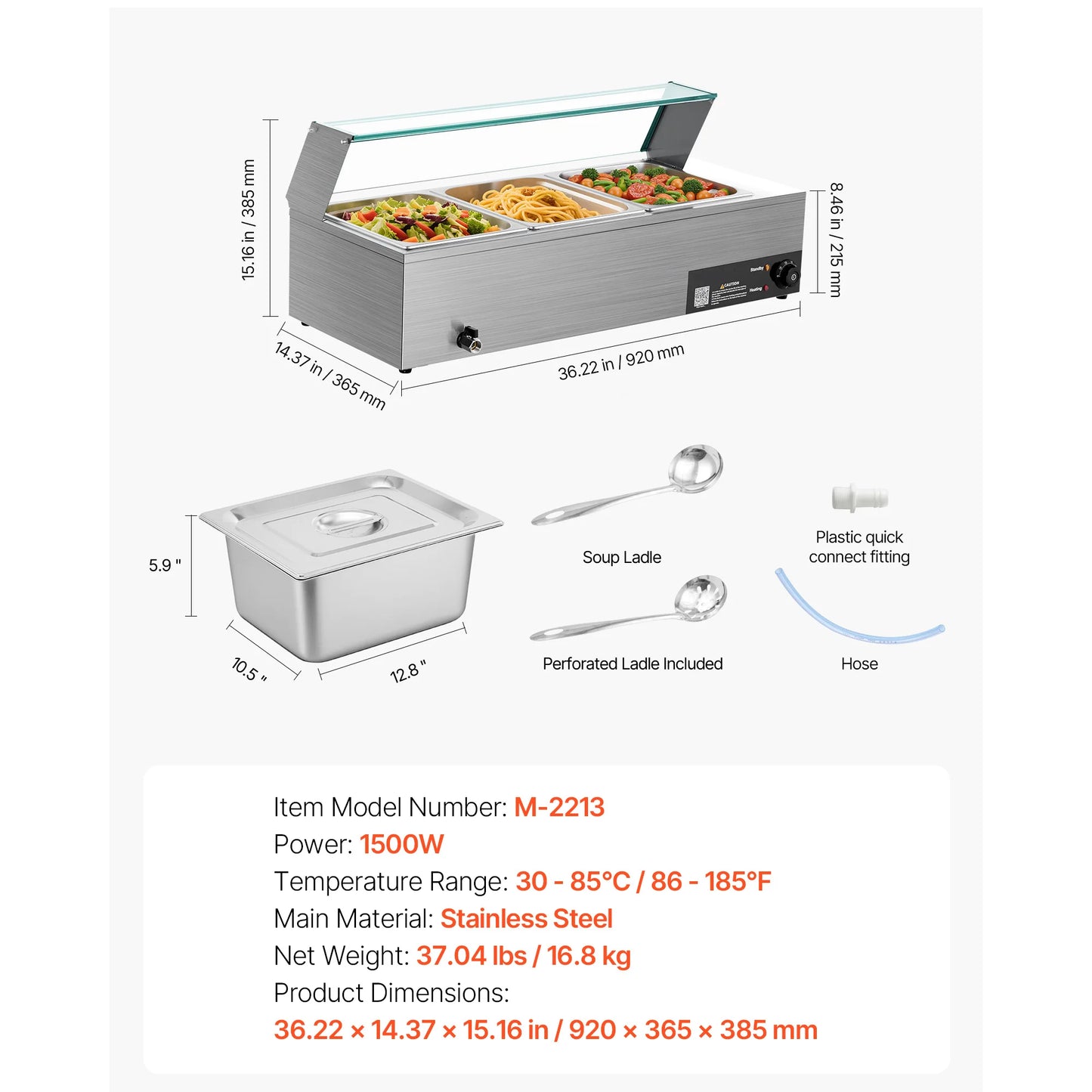 SucceBuy Commercial Food Warmer Electric Stainless Steel Steam Food Warmer with Glass Cover 3-Pan