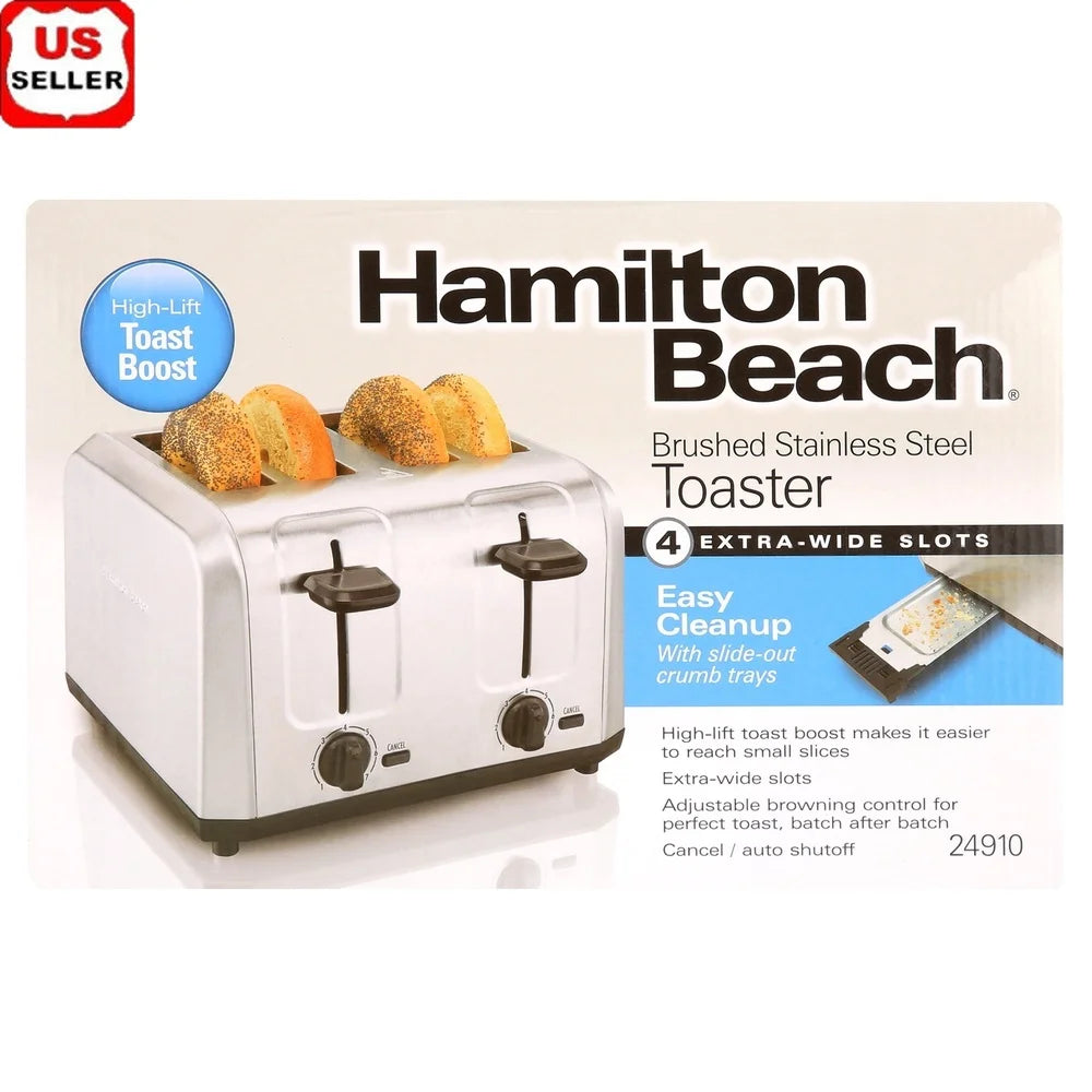 Brushed Stainless Steel 4 Slice Toaster Extra Wide Slots Toast Boost Auto Shutoff Crumb Tray