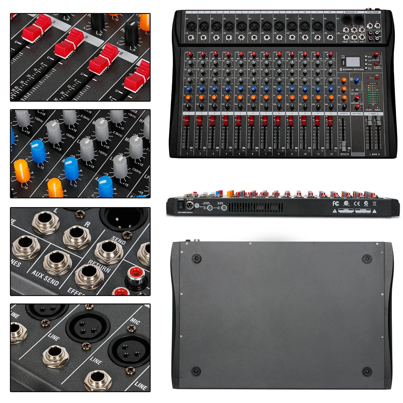 Audio Mixer 6/8/12 Channels Professional DJ mixer LR microphone/line input, AUX,FX processor MP3