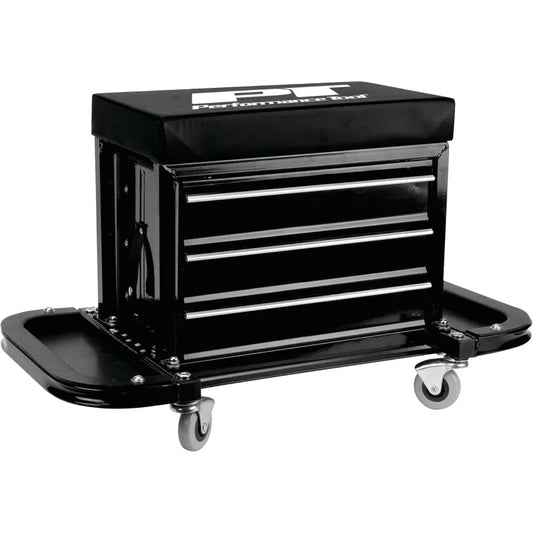 home. W85025 3-Drawer Rolling Tool Chest Seat With Magnetic Side Trays, Black