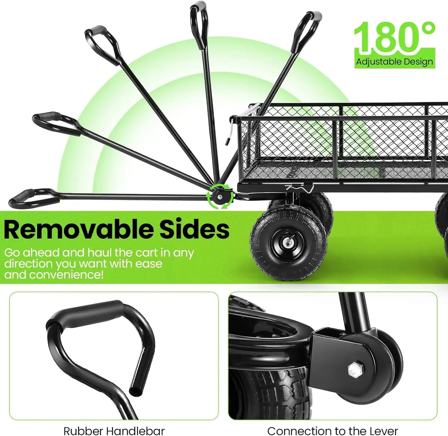 Steel Garden Cart 680 lbs Capacity Heavy Duty Garden Wagons w/ Steel Mesh Sides into Flatbed