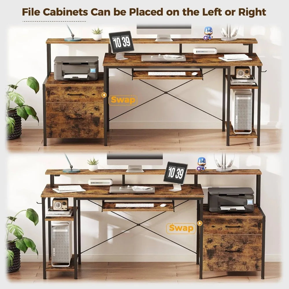 ROLANSTAR Computer Desk 63" w/File Drawer, Gaming Desk w/LED Light & Power Outlets, Home Office Desk