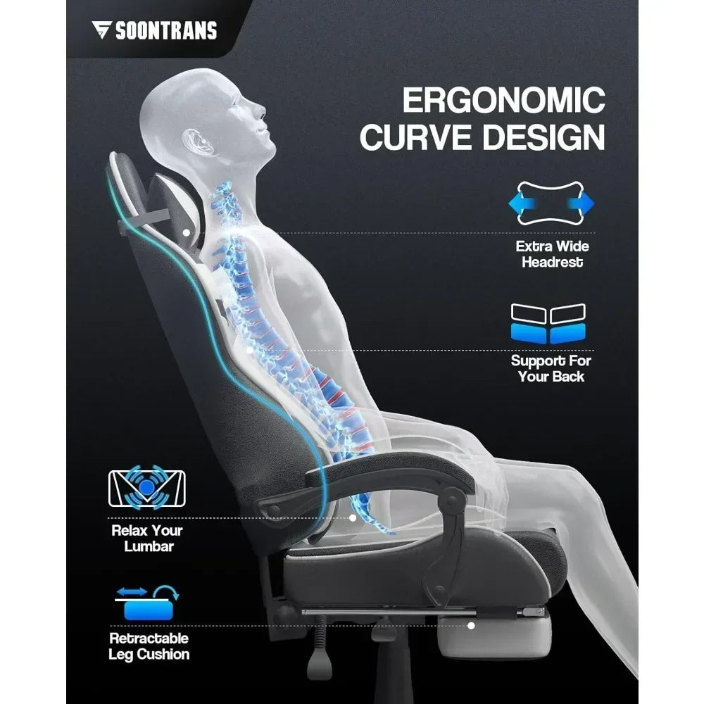 Reclining Chair Office (Polar White) Ergonomic Gamer Chair With Headrest Video Game Chairs