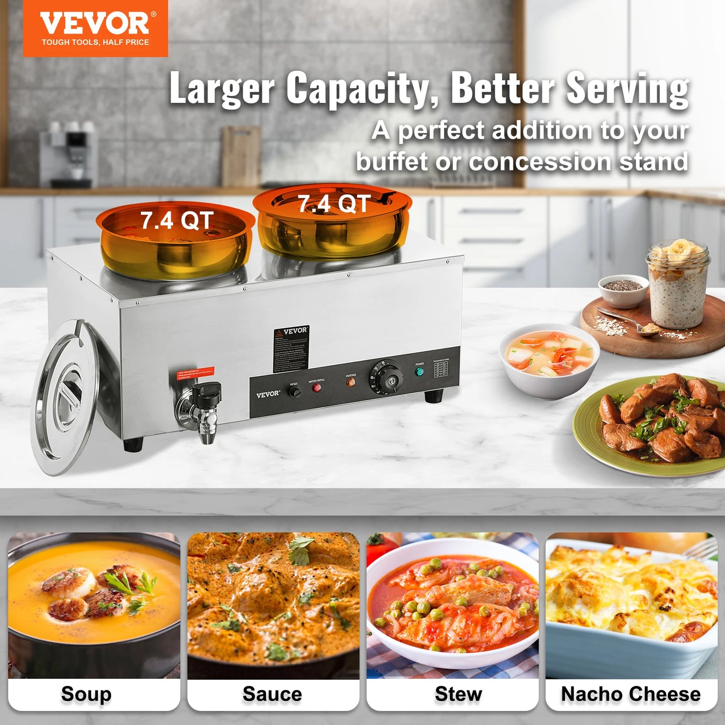 VEVOR Electric Soup Warmer w/ 2/3/4*7.4 Qt Food Kettle Stainless Steel Cooking Pot Heat Resistant