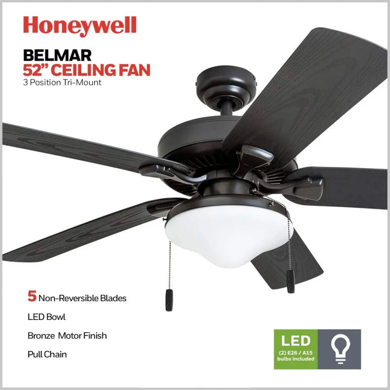 Honeywell Ceiling Fans Belmar, 52" Traditional Indoor Outdoor LED Ceiling Fan w/Light, Pull Chain