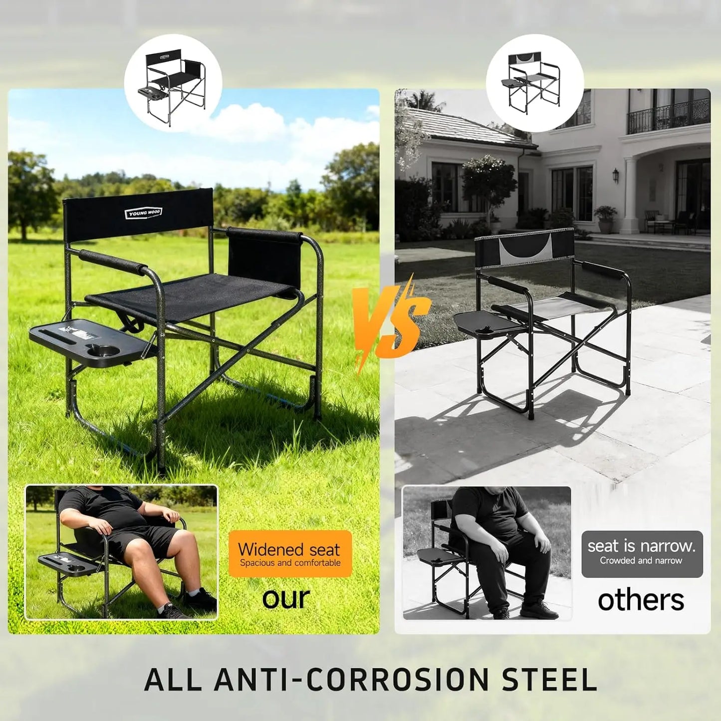 Camping Directors Chair, Lightweight Oversized Portable Folding Chair w/Side Table +Storage Pockets